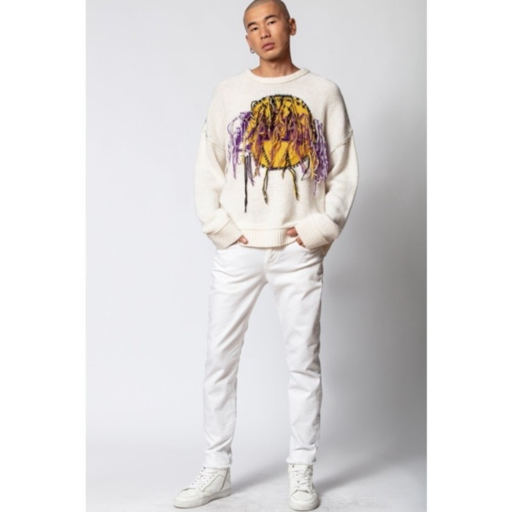 Zadig & Voltaire Cream CASHMERE LA LAKERS sweater w/Yellow & Purple Fringe. FAB!